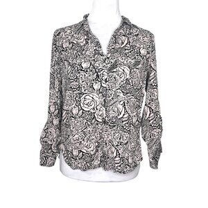 Rock & Republic Rose Print Button-Down Blouse Boho Floral Rayon Sz S